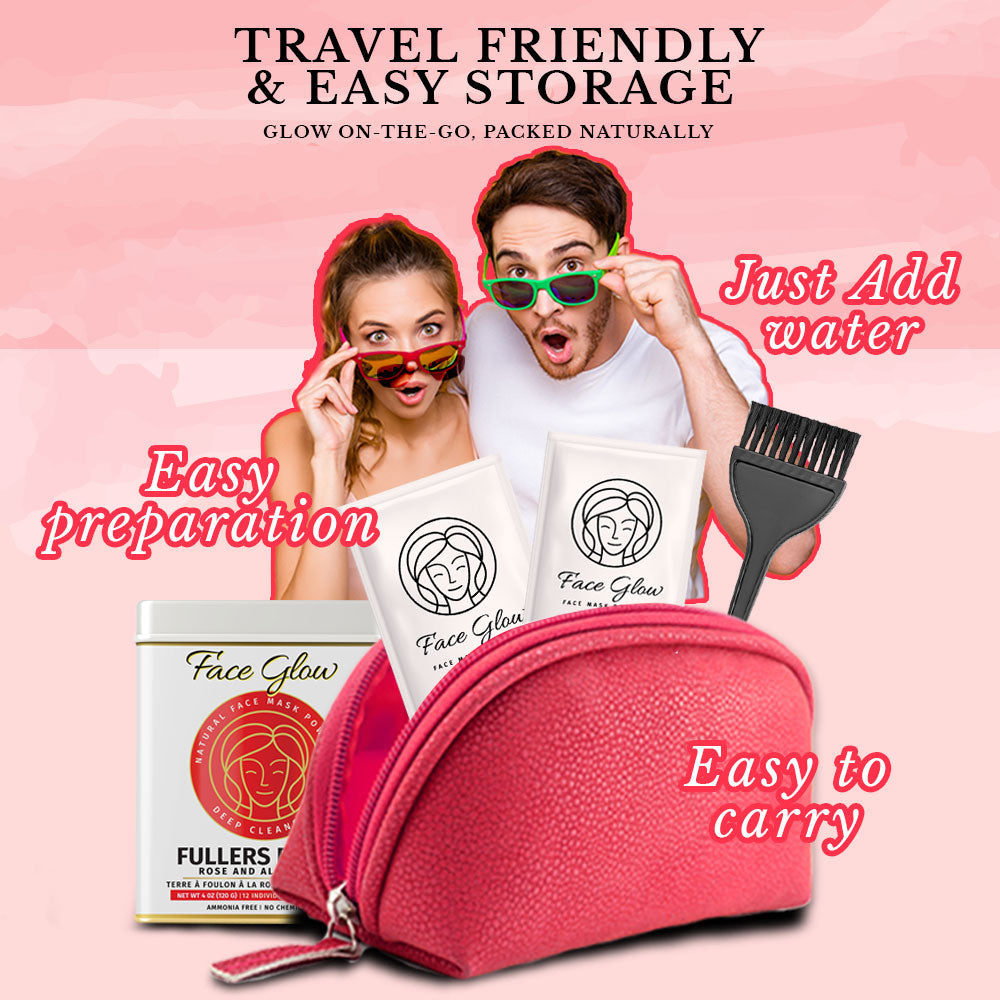 Face Glow- Fuller’s Earth w/ Rose & Aloe Vera- 12 Individual Sachets of Multani Mitti (10 gm each)- Reusable Brush & Tray Included